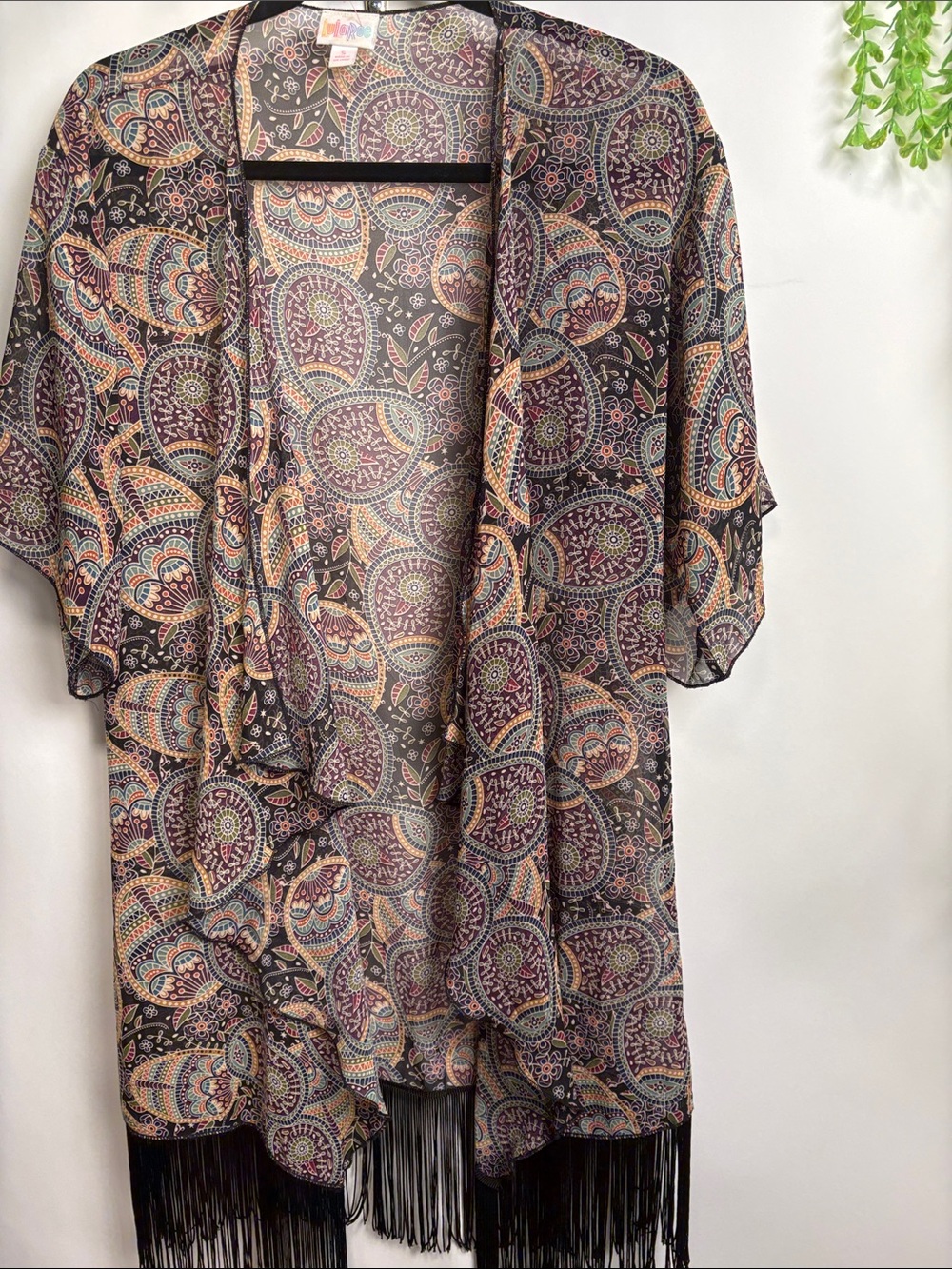 LuLaRoe Black Paisley Fringe Kimono with Purple & Tan Accents